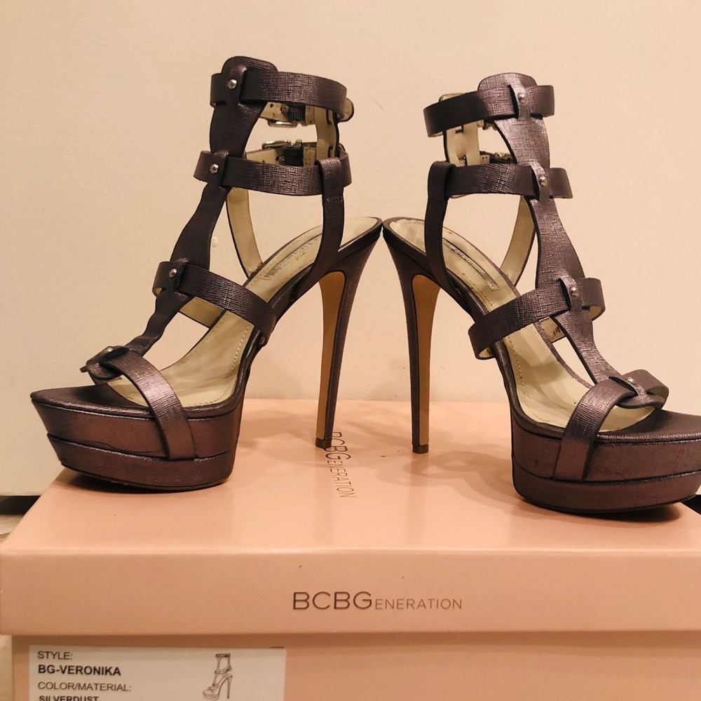 BCBG pewter sandal heels